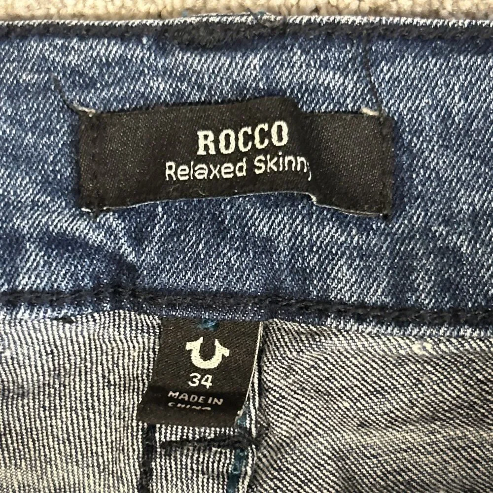 True Religion Jeans Mens 34 Medium Wash Rocco Relaxed Skinny Stretch Splatter